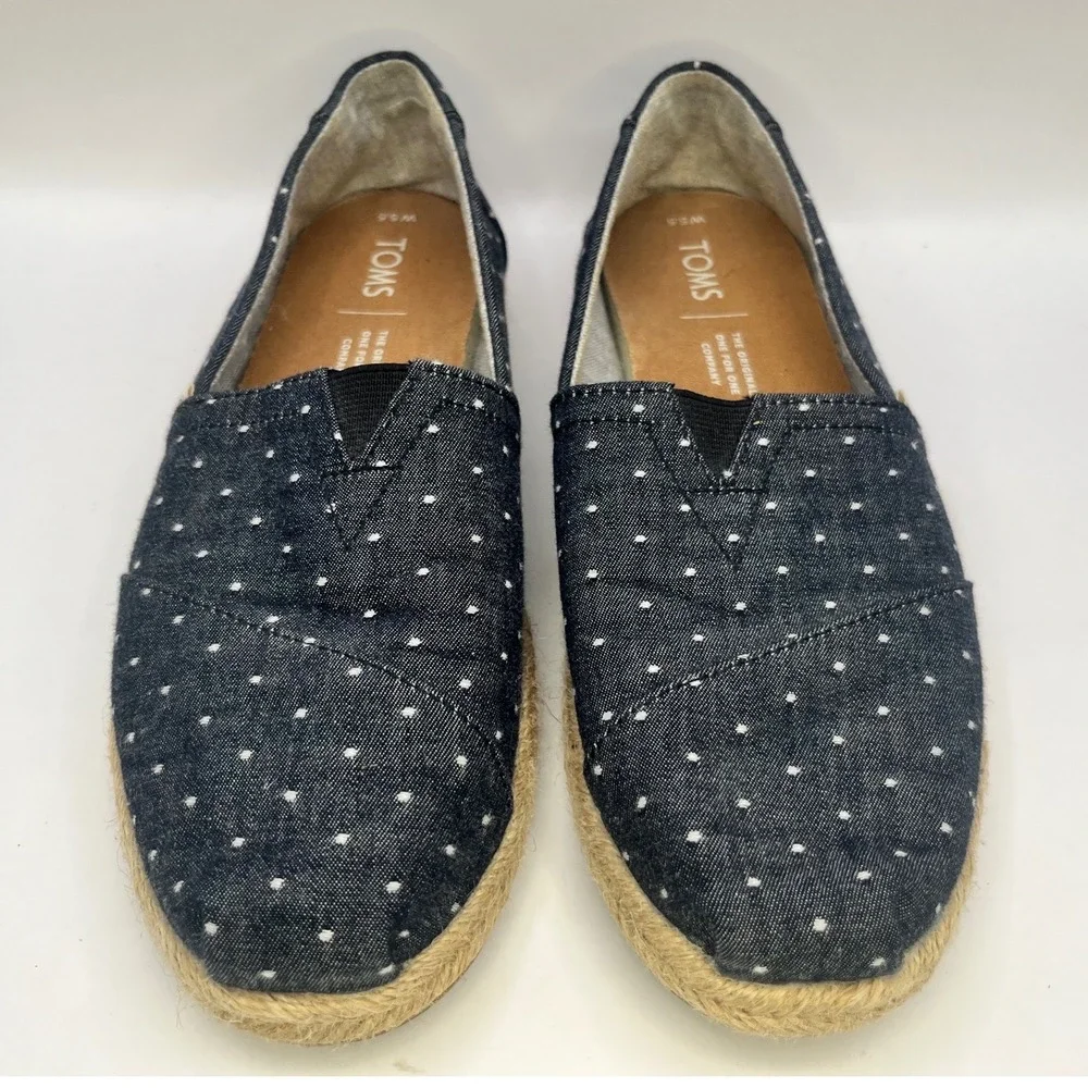 TOMS Women Size‎ 5.5 Black White Polka Dot Espadrille Flats Shoes Canvas Slip On